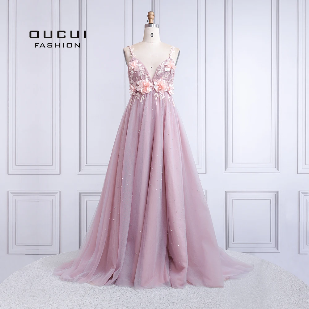

Sexy V Neck Evening Dress Long 2019 Backless Robe De Soiree Prom Dresses Wedding A-Line Lace Flower Pearl Ball Gown OL103424