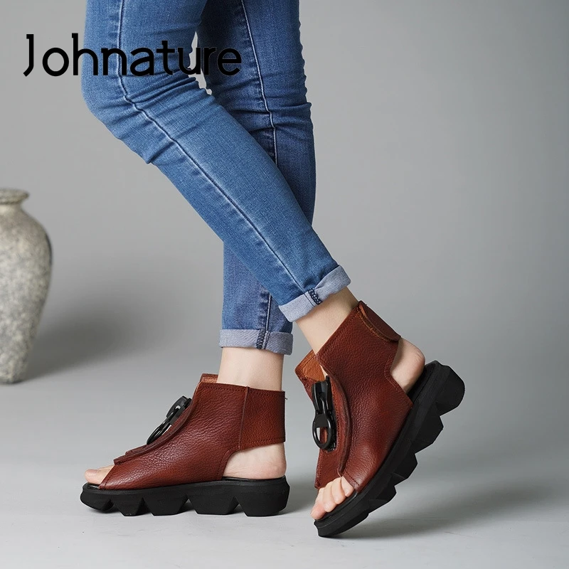 Женские сандалии на платформе Johnature босоножки из натуральной кожи липучке с