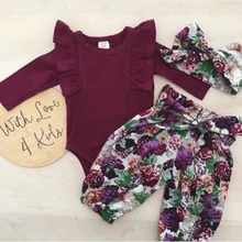 Осенний комплект одежды для малышей, топы с оборками и длинными рукавами, комбинезон, фиолетовые штаны с цветочным принтом, повязка на голову с большим бантом, roupa infantil, одежда для маленьких девочек
