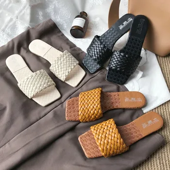 

Shoes Women Slippers Weave Leather Flat Slides Ladies Sandals Summer Open Toe Sandals Outdoor Beach Flip Flops 2020 New Design