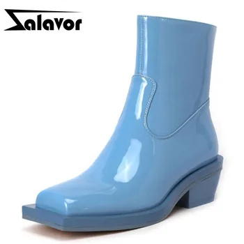 

ZALAVOR New Design Women Ankle Boots Thick Heel Zipper Women Short Boots Shine Cool Winter Autumn Shoes Woman Size 34-39