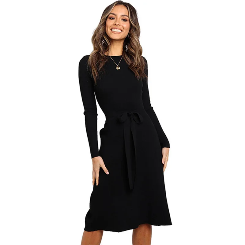 

Elegant Sweater Dress Women Clothes 2019 Winter Autumn Vintage Sheath O-Neck Solid with Sashes Knee-Length New Long Sleeve Dress