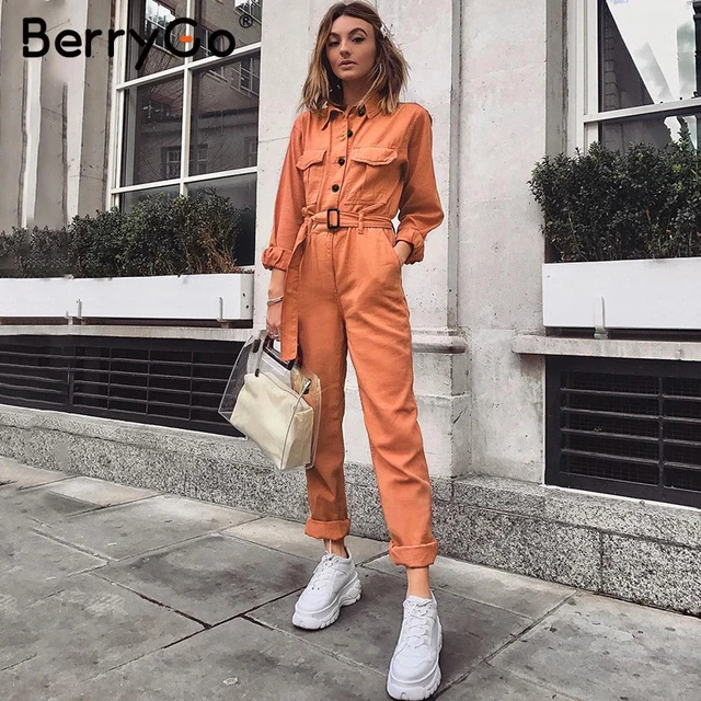 US $21.26 BerryGo Casual cargo cotton female jumpsuits Orange sash pocket sport womens jumpsuit romper Chic a