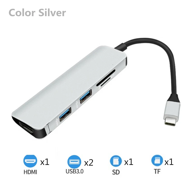 Док-станция type-C USB 3,0 HDMI; Ethernet для MacBook iMac Pro lenovo Data 5 в 1 док-станция с разъемом - Цвет: Silver