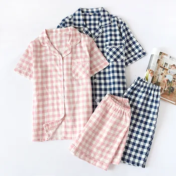 

Couples Pure Cotton Homewear Set Men and Women Summer Plaid Short Sleeve Shorts Pajamas Cotton Double Layer Gauze Pajamas
