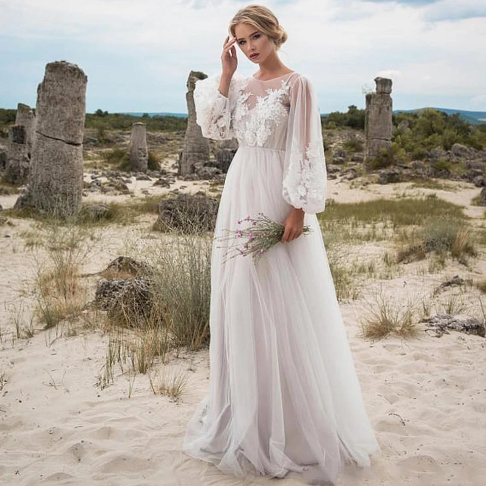 

Charming Sexy Women Long Sleeve Applique Lace Tulle Boho Wedding Dresses Vintage Bridal Gown Senior Customize