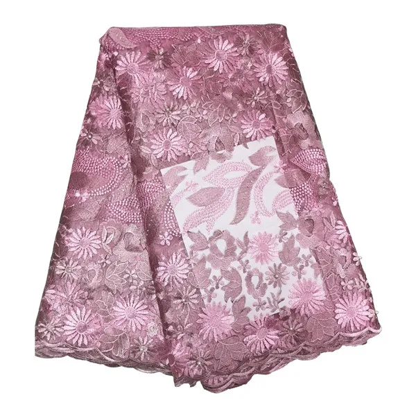 pink Последняя африканская бисерная кружевная ткань французская Цветочная кружевная ткань для свадебной вечеринки нигерийские кружева вуаль ткань 5 ярдов/партия - Цвет: pink