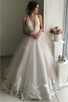 

V Neck Tulle Wedding Dresses A Line Open Cross Back Applique Floor Length Sweep Train Sleeveless Bridal Dress Vestido De Noiva