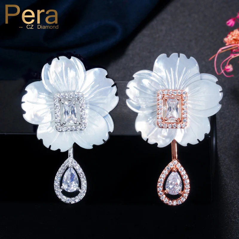 

Pera Lovely Natural Shell Flower Shape Designer 585 Rose Gold Jewelry DIY Free Combination Drop Earrings for Ladies Girls E468