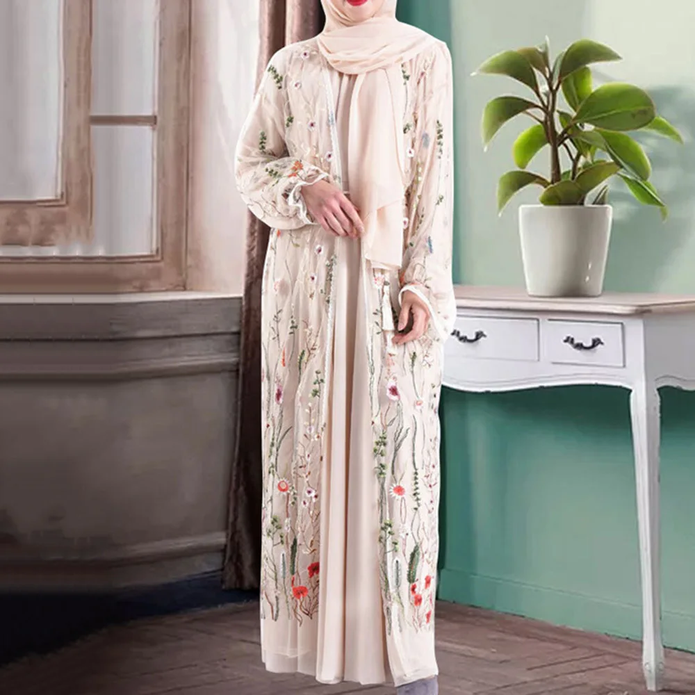Женское длинное мусульманское платье с цветочной вышивкой Abayas элегантные