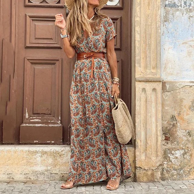 Summer Boho Long Dress Elegant Short Sleeve Belted Split Dress