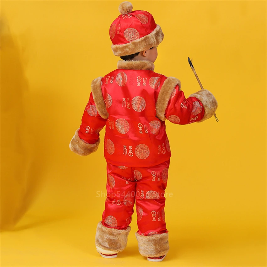 Традиционная китайская одежда для мужчин, детский костюм с вышитым драконом Тан Новогодняя одежда для маленьких мальчиков и девочек китайский красный топ с капюшоном и штаны