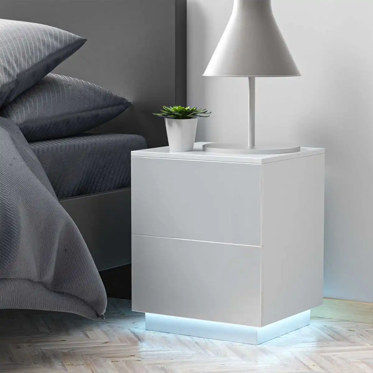 

LED Bedside Table Modern Nightstand With High Gloss 2 Drawers File Cabinet Storage Holder Chest Bedroom Furniture Bed Side Table