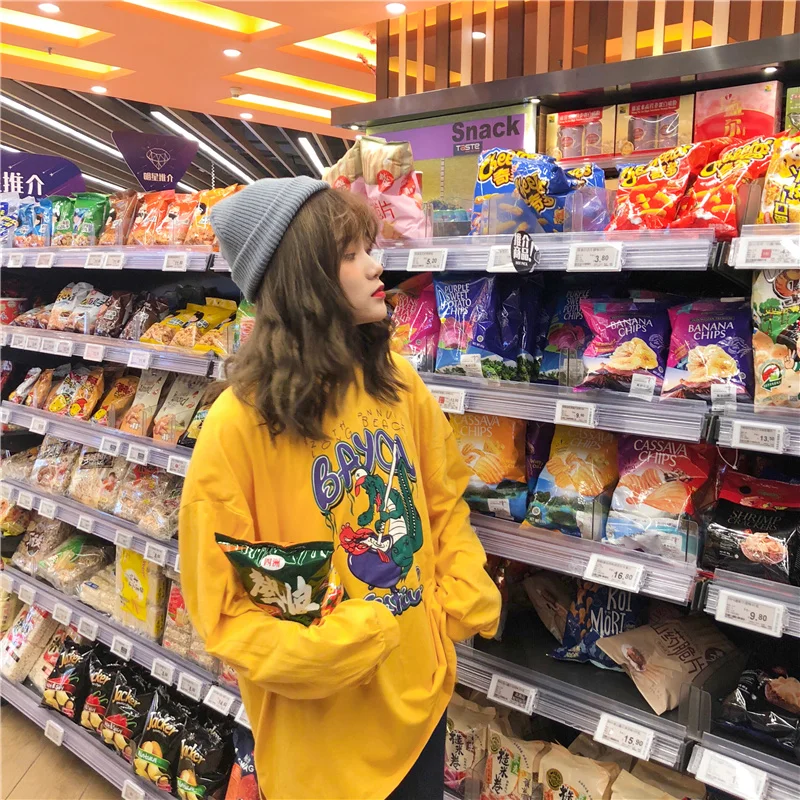 Женские футболки, большие размеры, Kawaii, мультяшный принт, круглый вырез, для отдыха, с буквенным принтом, подходят ко всему, футболка с длинным рукавом, Женская Корейская Милая футболка