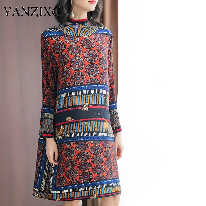 

2019 Autumn New Fashion Temperament Women Loose Casual Color Matching Printing National Retro Turtleneck Dress Z589