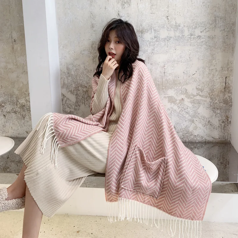 Flash Deals veJK7 2019NEW Autumn Winter cashmere Scarf shawl for women striped pockets warm thick ladies scarves large blanket stole poncho women