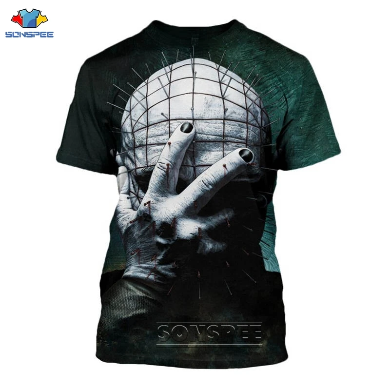 

SONSPEE Customize Tees Halloween Horror Pinhead Face 3D Print Men's Tops Unique Clothing Short Sleeve T shirt Women Drop Shiping