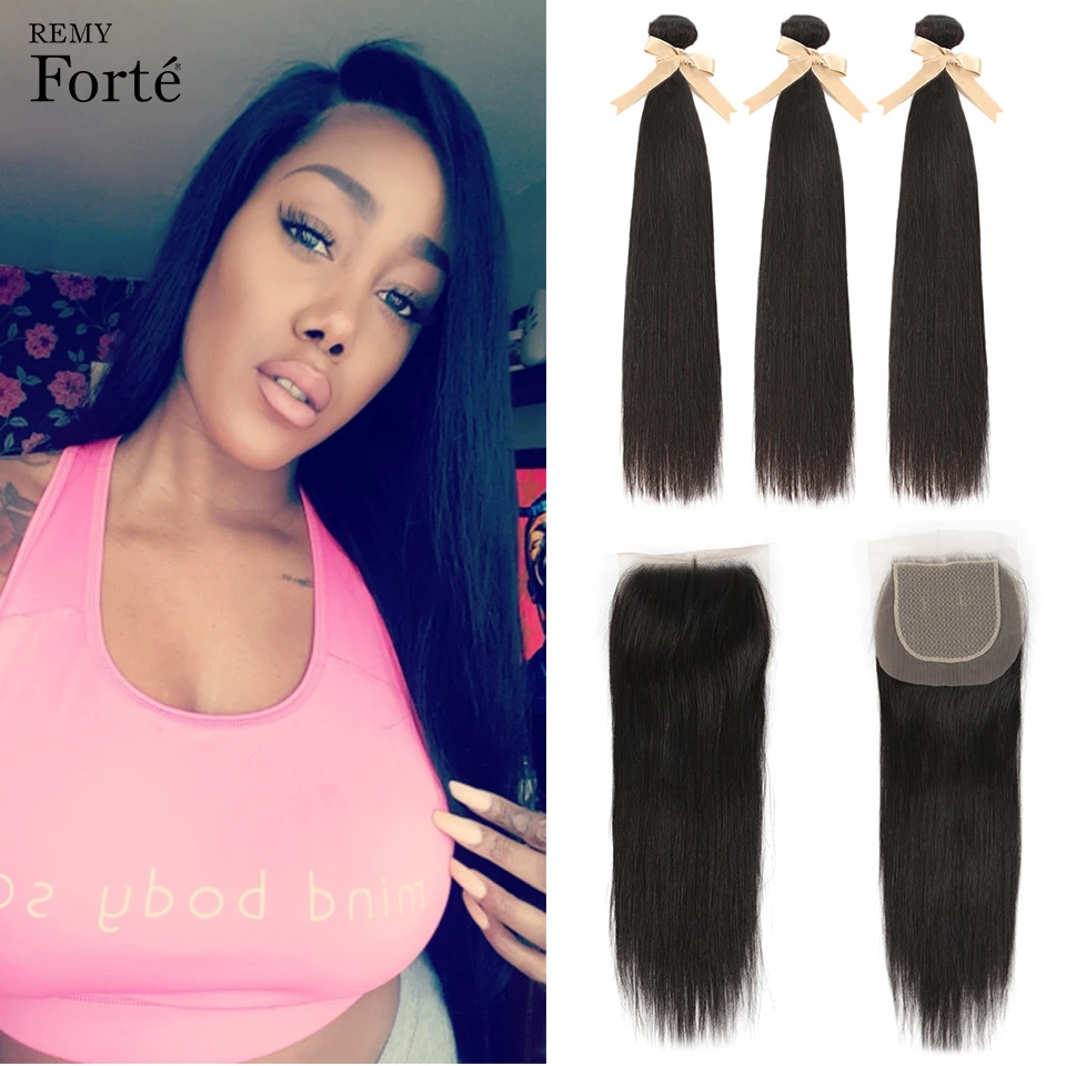 

Remy Forte Straight Bundles With Closure 5X5 Transparent Lace Closure With 3 4 Human Hair Bundles 2-28 Inch Natural Human Hair