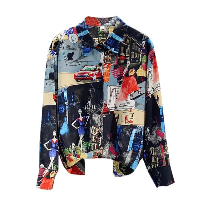 

Vintage Print Shirts Women Casual Loose Blouses Long Sleeve Blouse Female Fashion Lapel Shirt