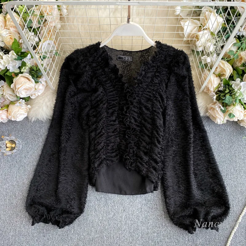 Soft Blouse for Women Autumn New Pleated Slim Fit V Neck Puff Sleeve Shirt Female Cropped Blusas Tops New