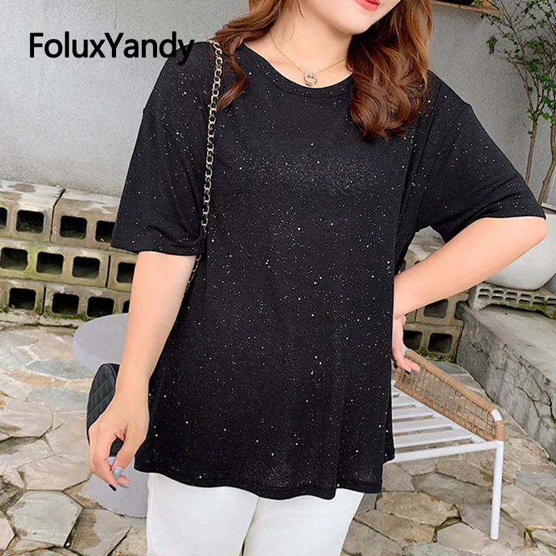 

Sequins T-shirts Black Tops Casual O-neck Loose Women Summer Short Sleeve Plus Size Tops Pullovers OLL219