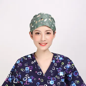 

Nurse Printed Turban Cap Men Women Cotton Operation Room Dentist Plants Pattern Cute Simplicity Comfortable Breathable Caps