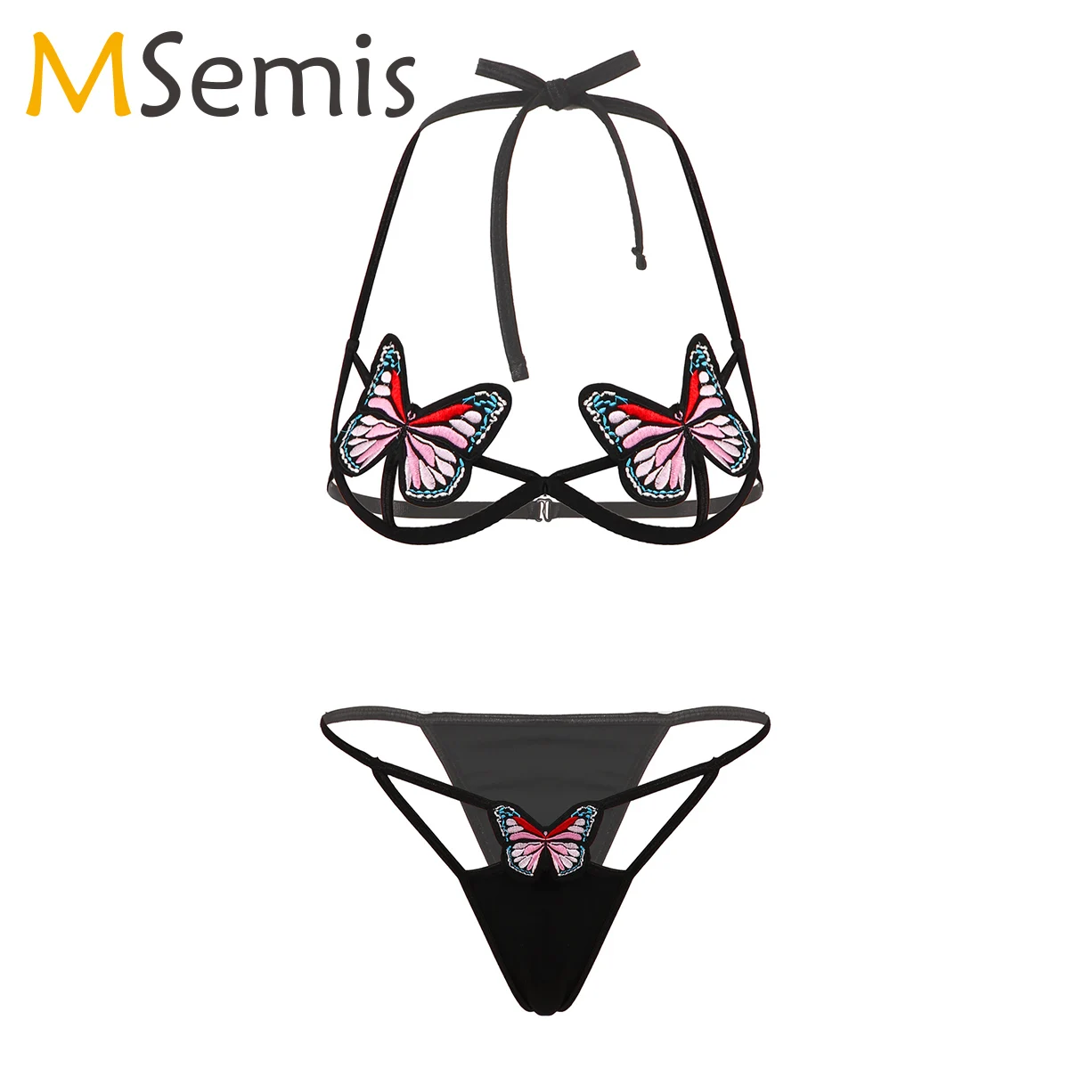 Women Butterfly Embroidery Lingerie Suit Lace-up Halter Neck Bra with Briefs Female Hollow Out Exotic Sets for Underwear Party 1