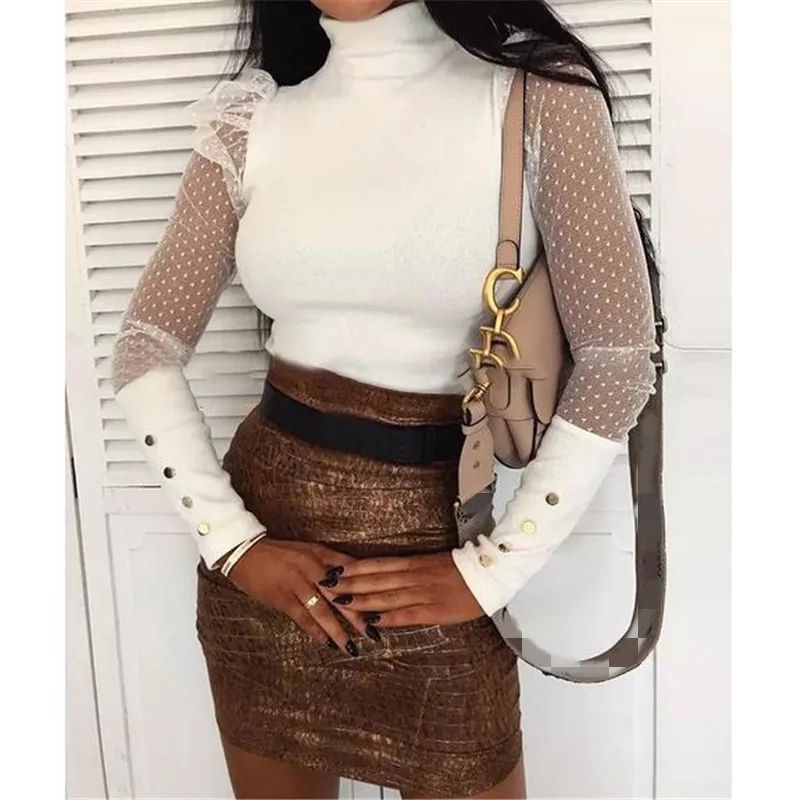Women Blouse Sexy Button Tops Puff Sleeve Blouse Casual Turtleneck Womens Tops And Blouses Knitted Top Elegant Office Lady Shirt