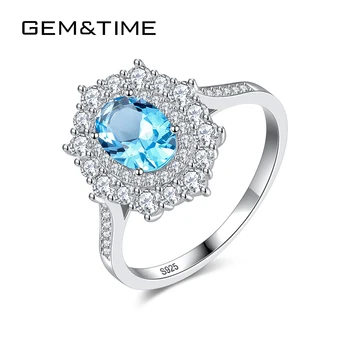 

Gem&Time Oval Sky Blue Topaz Solitaire Ring Sterling Silver 925 Big Ring Finger Promise Jewelry Bagues Pour Femme SR0334