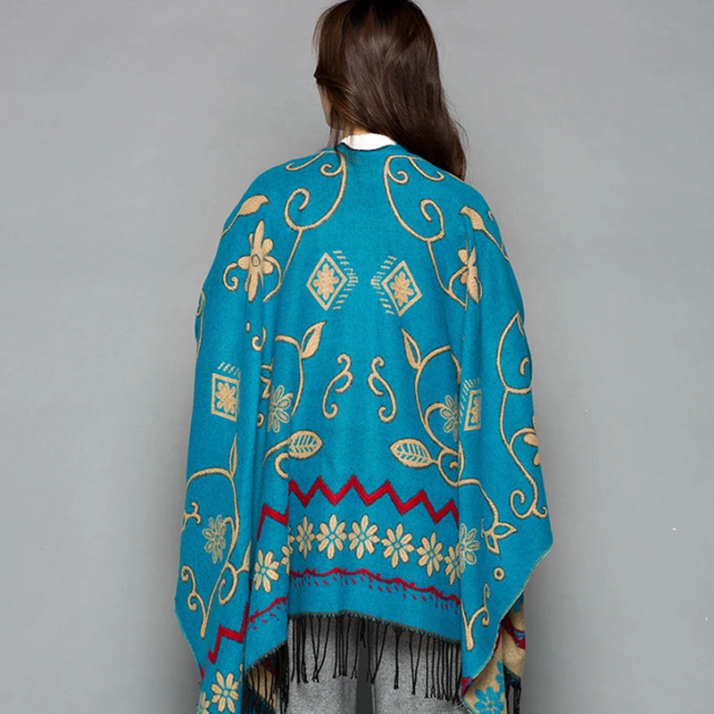 Брендовые дизайнерские толстые осенние зимние женские пончо платки для путешествий женские кашемировые пашмины накидки Национальный вилка утепленный плащ