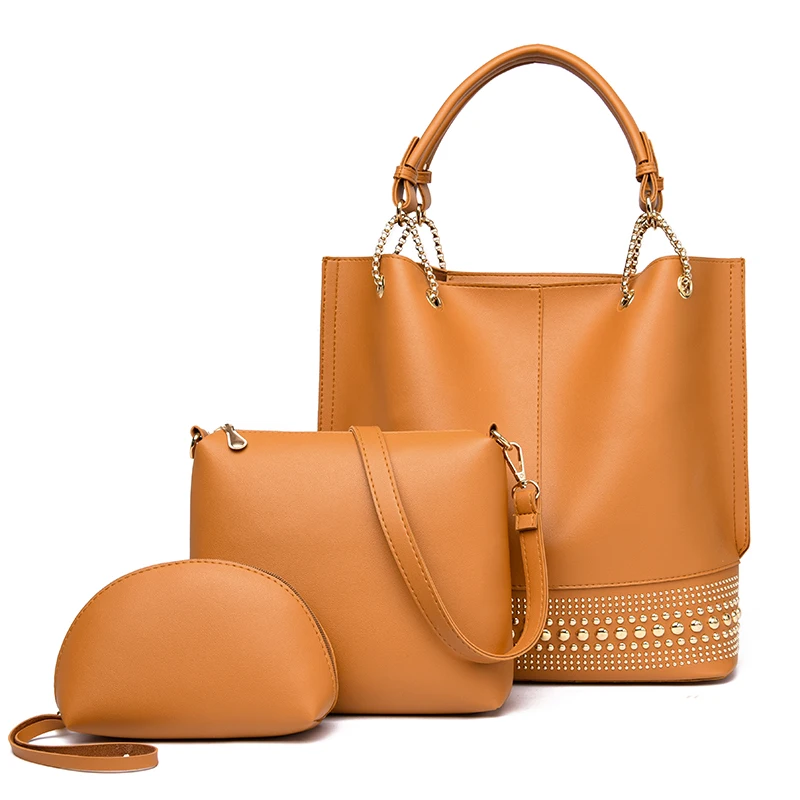 3 шт./компл. сумка из композитного материала модные двойные цепи женские сумочки Кошельки PU женские сумки через плечо заклепки Дамская сумка-шоппер сумка - Цвет: dark brown