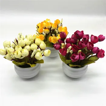 

Silk Rose Flower Artificial Bonsai Fake Flower Green Leaves Plants With Flower Pot Home Wedding Festival Decor