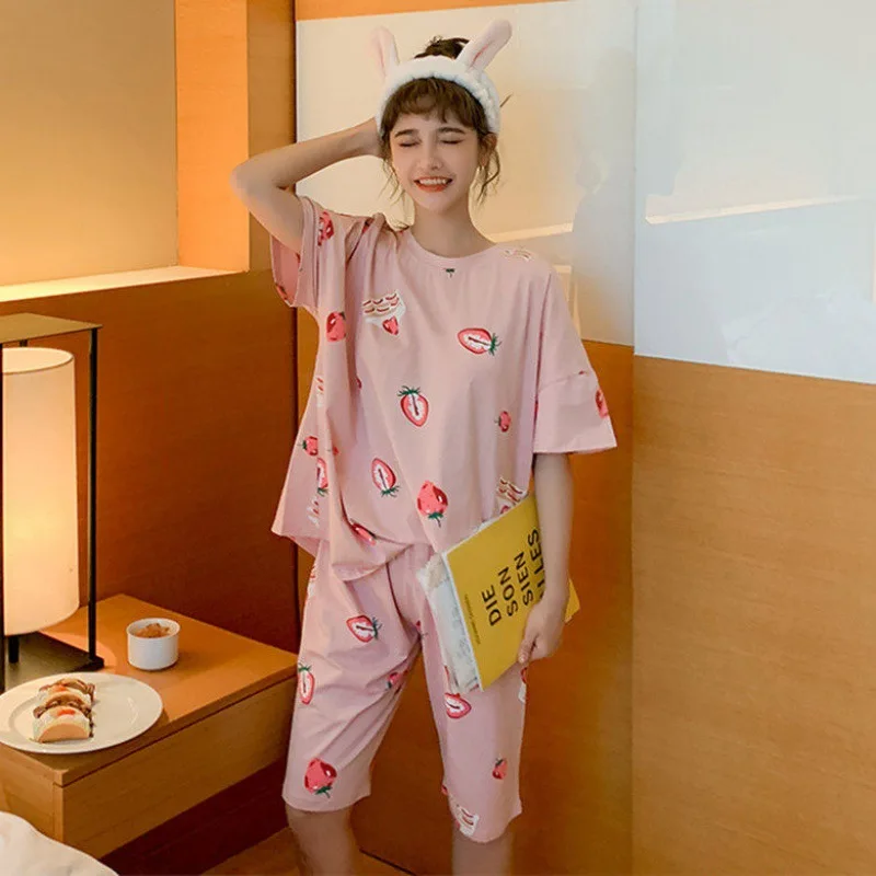 Summer Pajamas Women's Short-Sleeved Crayon Cartoon Anime Styles Cute Geometric Patterns Breathable And Comfortable Bathing Suit cotton pyjamas Pajama Sets
