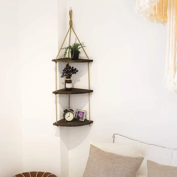 

Retro Jute Rope Wall Hanging Rack Corner Shelf Displays Storage Rack Jute Rope Wood Wall Floating Shelves Wall Home Decoration