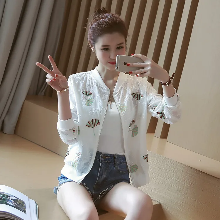 

2018 Spring And Summer New Style WOMEN'S Dress Korean-style Stand Collar Long Sleeve Ginkgo Leaf Embroidered Coat