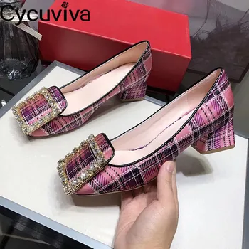 

Women Rhinestone Square Buckle Shoes Square Toe Chunky Heels Plaid Denim Pumps 2020 Runway Slip On Wedding Party Shoes Woman