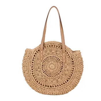

Women Round Straw Bag Rattan Woven Shoulder Bag Wicker Simple Portable Beach Tote Best Sale-WT
