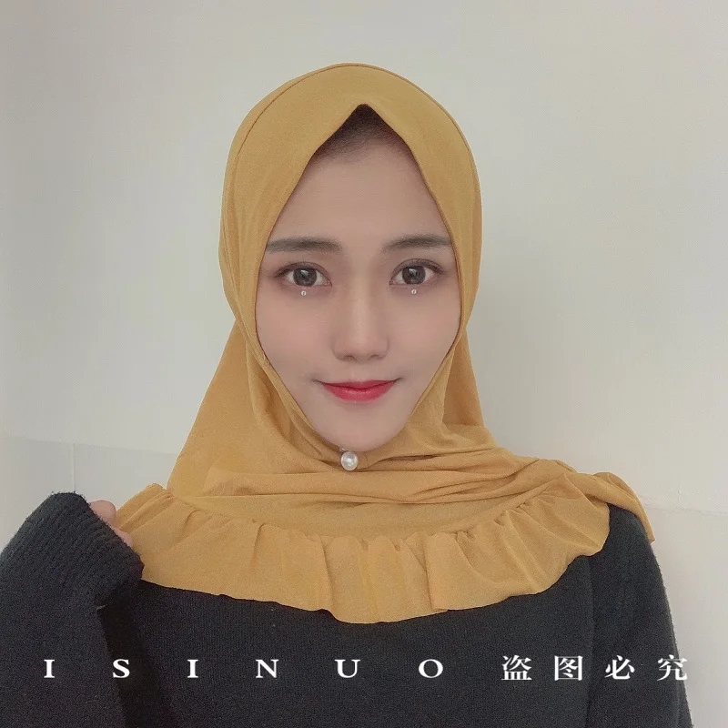 

New Amoy Yarn Muslim Prayer Turban Ruffled Hem Female Instant Hijabs One-piece Elastic Headscarf Islamic Ramadan Head Cap