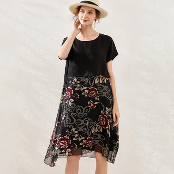 

Ladies Silk Dresses Summer Plus Size 2020 new Woman Silk Floral Print Short Sleeve Black Dress Oversized Female Dress 4XL