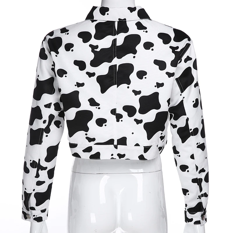 Weekeep/Лоскутная куртка с отложным воротником и карманами; женские укороченные куртки с принтом коровы и длинными рукавами; уличная одежда; Casaco Feminino