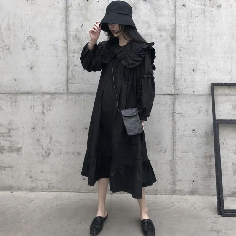 

2020 new summer fashion women round ruffles shoulder lantern sleeves black cotton pullover loose dress look quality V352