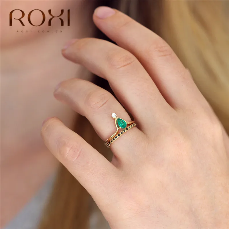 ROXI Мода Кристалл Корона кольцо капли воды зеленый CZ камень блестящие кольца для женщин фианит свадебное обручальное Праздничная бижутерия с кольцами