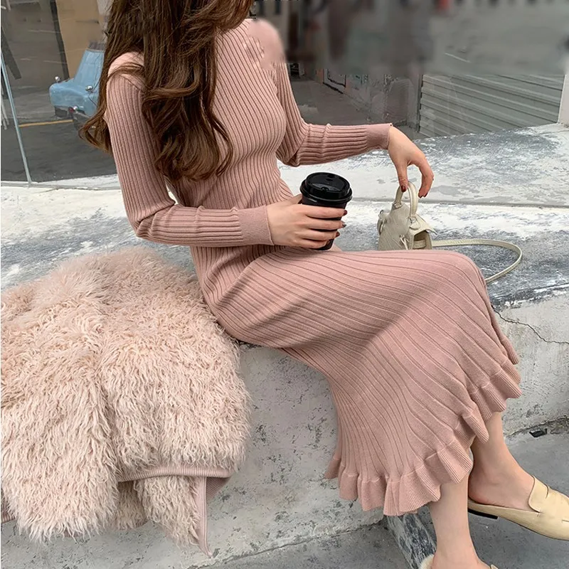 

Fall Women Casual Pullover Long Sweater Dress A-Line Elegant Ruffles Midi Dress 4 Color Female Slim Knitted Dress Vestido