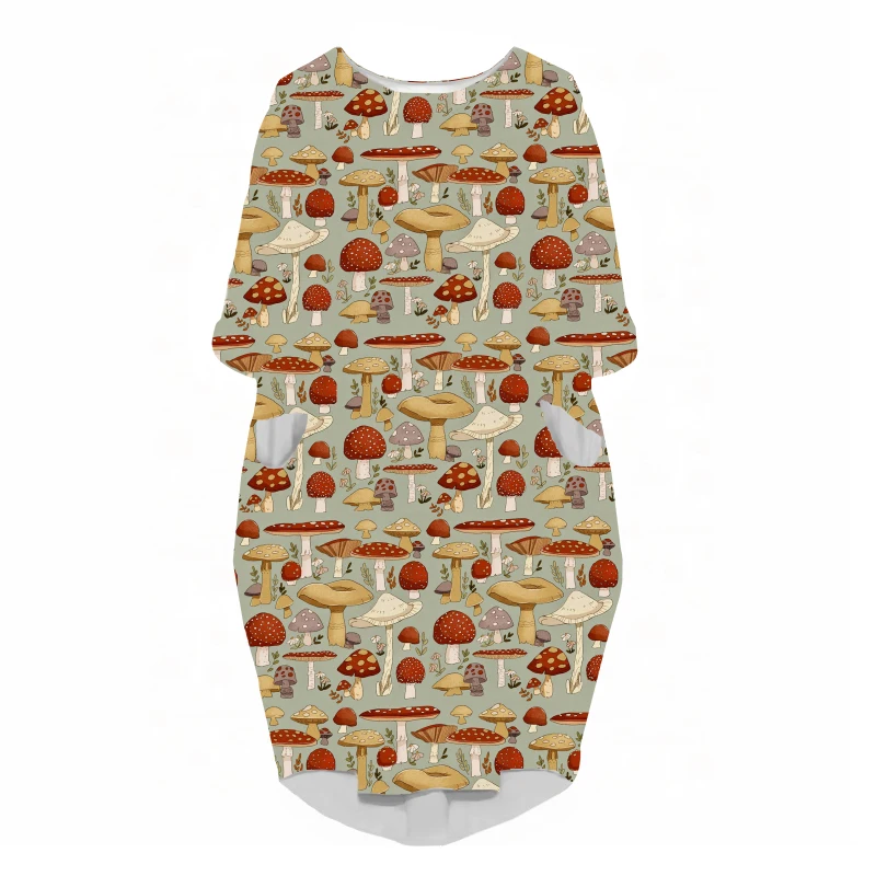 LIASOSO Plant Mushroom Print Sundress Lady Street Interesting Fashion Trend Wild Loose Long Sleeve Over The Knee Dress Women Y2K