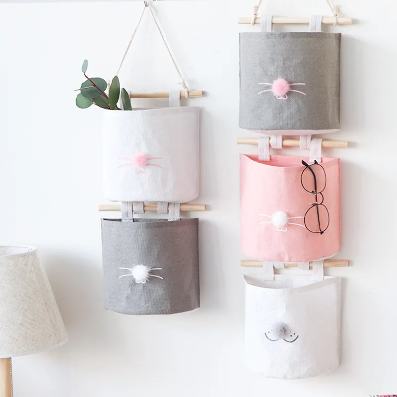 

Creative wall cotton and linen hanging bag detachable free combination storage bag simple large-capacity finishing pocket
