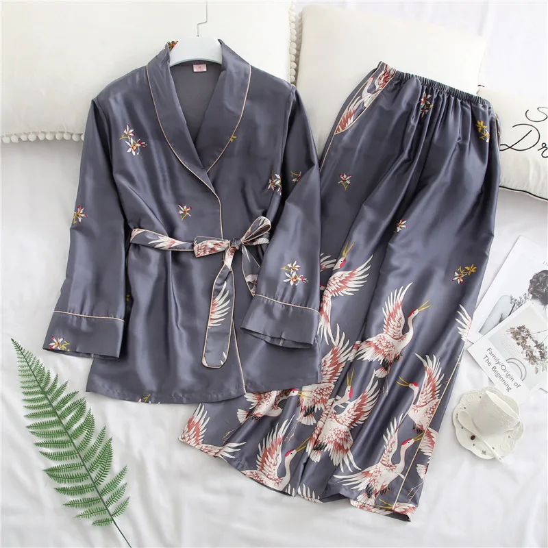 Серый Женский пижамный комплект из сатина и шелка с принтом животных, халаты с отложным воротником+ брюки, удобная женская домашняя одежда, одежда для сна, пеньюары - Цвет: Серый