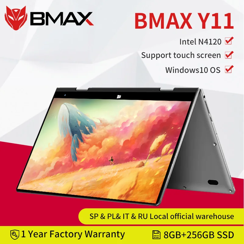 Portátil convertible 2 en 1 BMAX Y11, pantalla táctil de 11.6 FHD (1.920x1.080) IPS, Intel Celeron N3350, 8GB RAM, 256GB SSD (ampliable con MicroSD), HD Graphics 600, Windows 10, ultraligero, WiFi dual