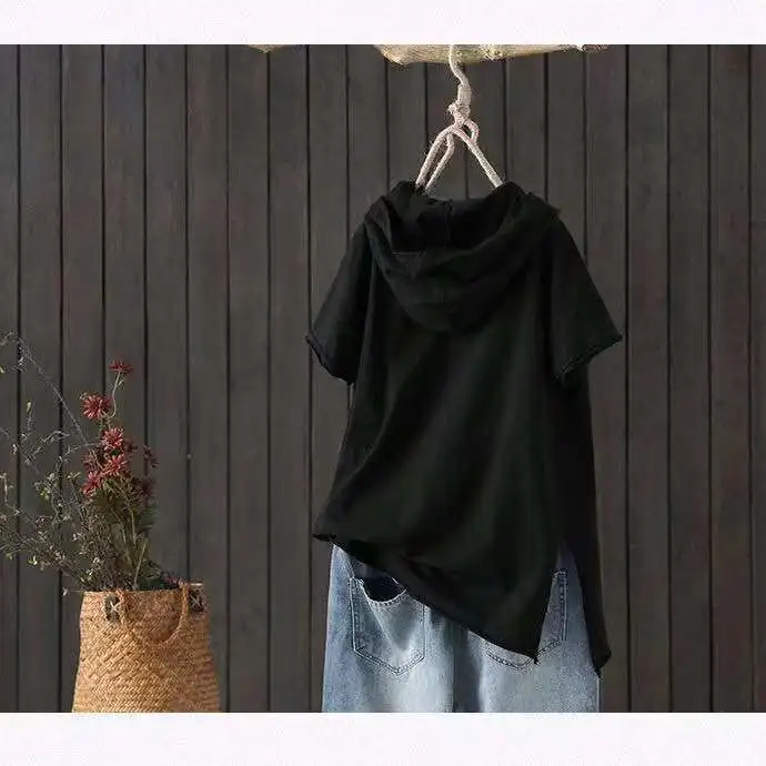 Women's Hooded T-shirt 2025 Original 95% Cotton Summer New Style Loose Cotton Short-sleeved Literary Hole Casual Women Clothing 5