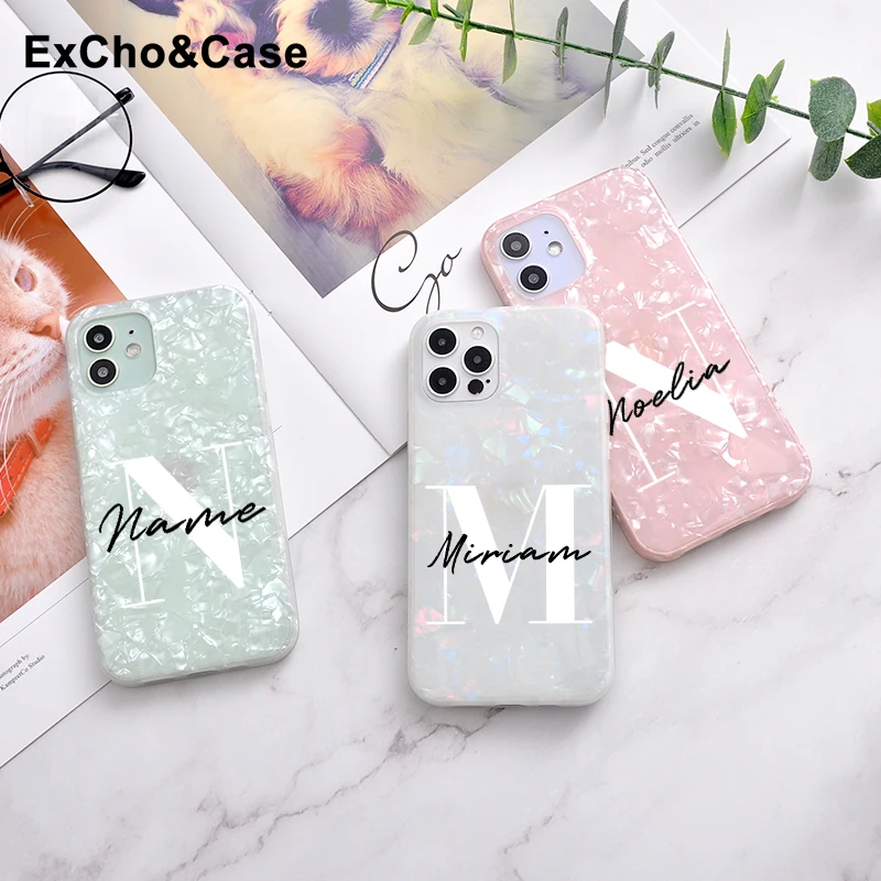 2021 Custom Name Phone Case For iphone 11 12 Pro Max SE 7 8 Plus Initials Name Cover X XS XR XS 6S Mini Marble texture sparkling