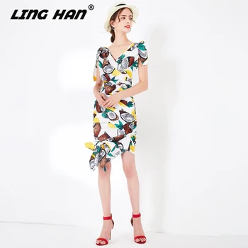 

LINGHAN Vacation Print Package Buttocks Dress Fashion V-Neck Bow temperament Slim Tank Dresses Designer Spring Summer New